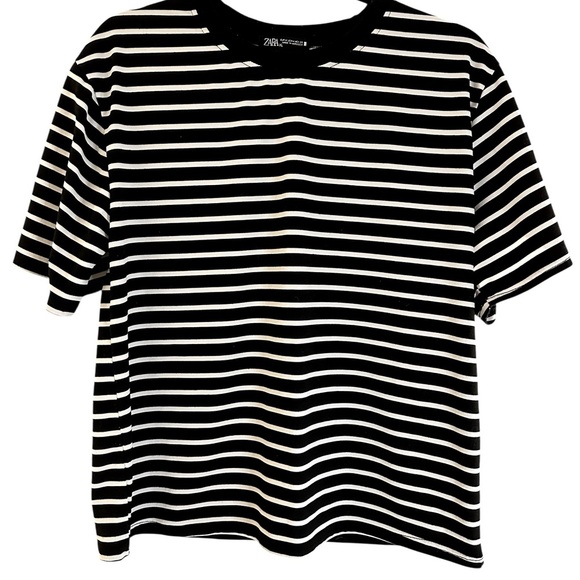 Zara black and white striped crewneck short sleeve top Size XL - Picture 1 of 9